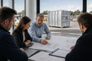 Project team reviewing galvanized waste container plans