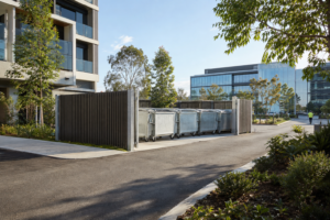 Waste container enclosure at a modern mixed-use property