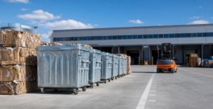 Galvanized waste containers at a recycling and fulfilment depot