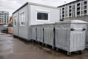 Galvanized waste containers at a temporary urban project site