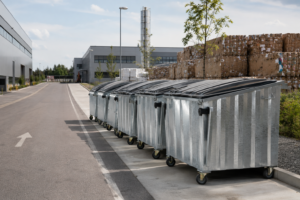 Galvanized waste containers in an industrial waste management zone