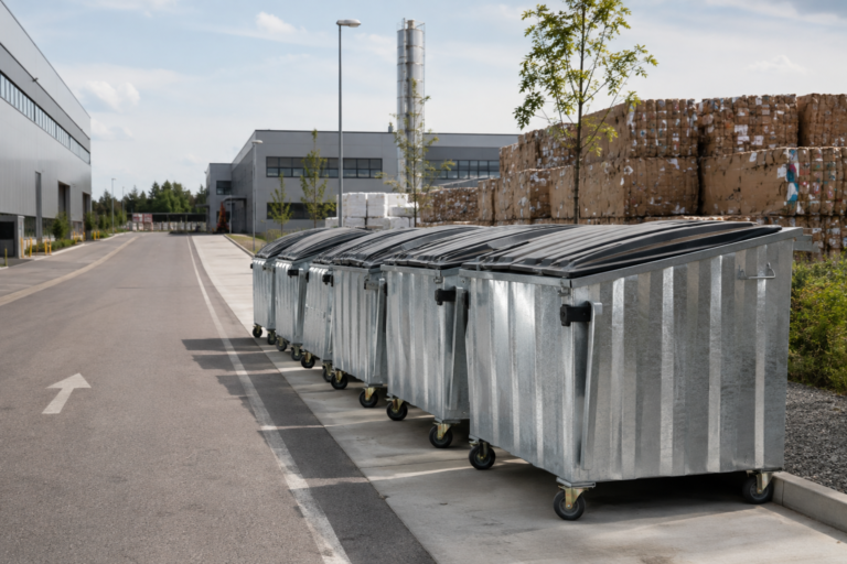 Galvanized waste containers in an industrial waste management zone