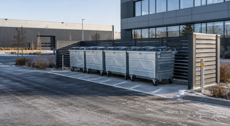 Galvanized waste containers at an outdoor business park collection point