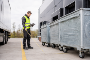 Project manager measuring space for galvanized waste container installation