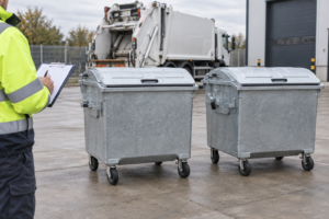 Inspector reviewing galvanized wheeled waste containers before site commissioning