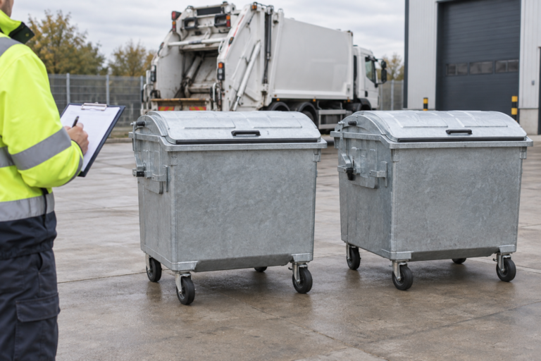 Inspector reviewing galvanized wheeled waste containers before site commissioning