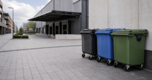 Outdoor waste containers at a modern commercial and residential setting