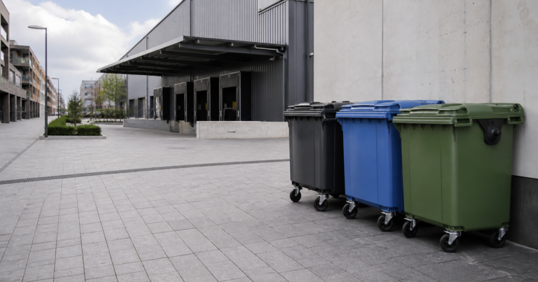 Outdoor waste containers at a modern commercial and residential setting
