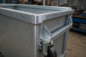Galvanized waste container weld seam reinforced rim and caster bracket