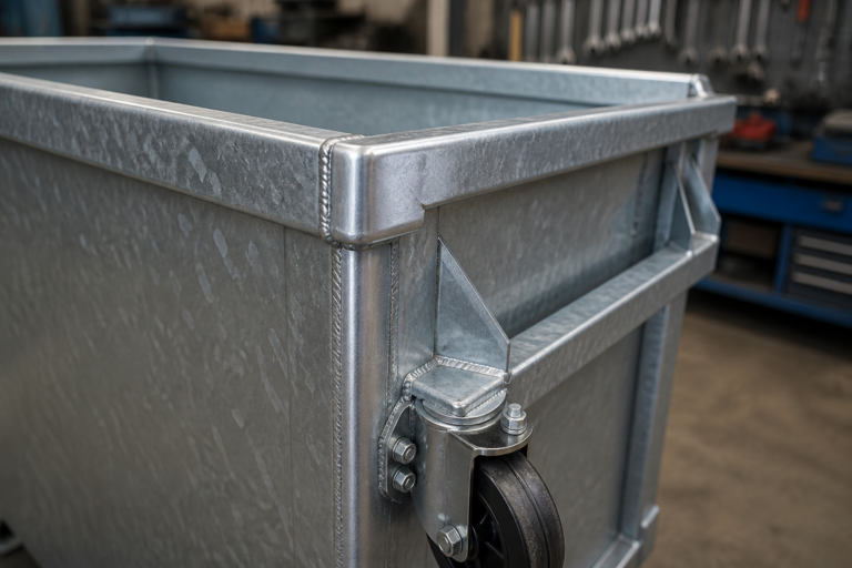 Galvanized waste container weld seam reinforced rim and caster bracket