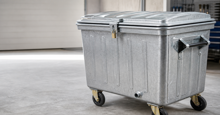 Galvanized waste container with lid lock wheel and drainage details