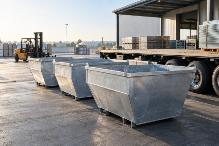 Galvanized steel waste containers prepared beside a loading area for delivery