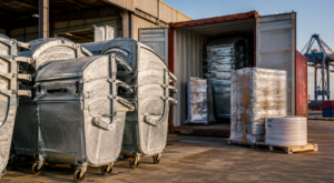 Galvanized waste containers prepared for export container loading