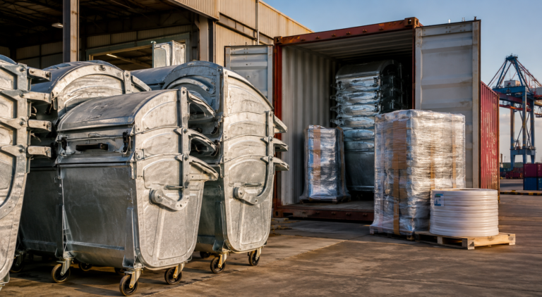Galvanized waste containers prepared for export container loading