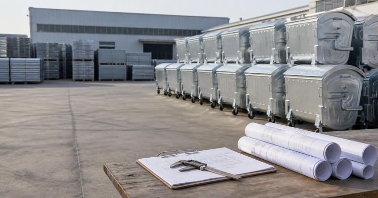Galvanized waste containers with technical drawings for procurement planning